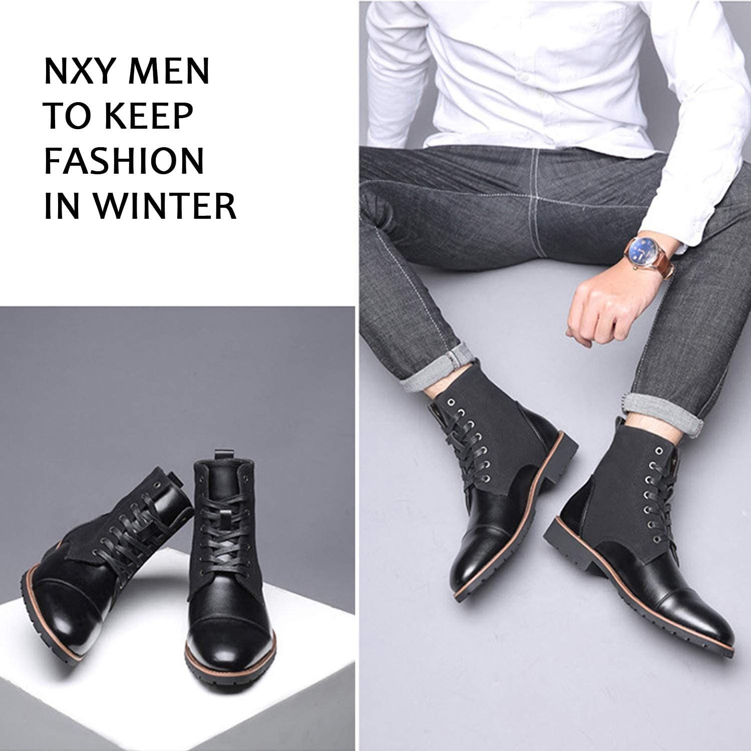 NXY Men's Brown &amp; Black Chelsea Boots - Premium PU Leather Chukka Boots for Men, High Top Pointed Toe Winter Fashion Martin Boots with Lace