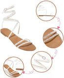Winsummer Women Leatherette Rhinestone Toe Ring Slingback Dressy Sandal Strappy Flat Gladiator Sandals Roman Shoes