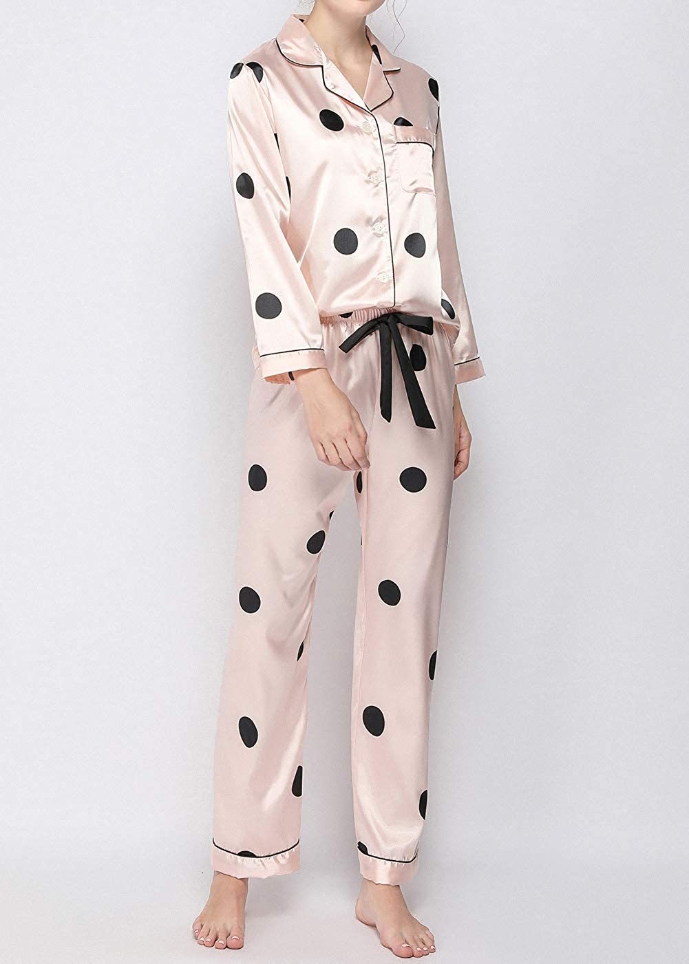 NXY Pajama Set for Women Cute Lingerie Satin Loose Pajama Pants and Long Sleevese Tops