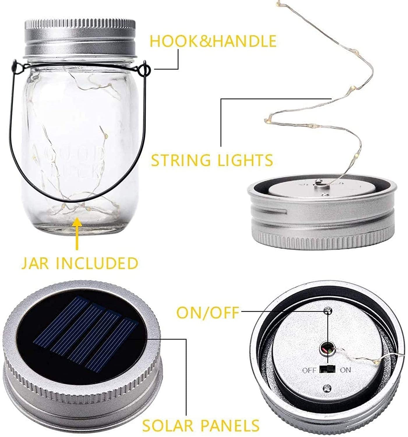 NXY Hanging Solar Mason Jar Lights, 6 Pack 30 Led String Fairy lights Solar Lanterns Table Lights, 6 Hangers and Jars included