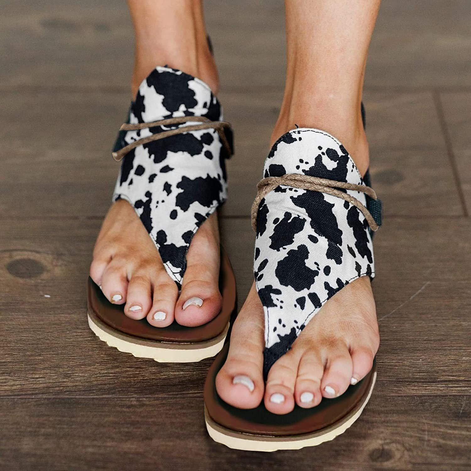 Winsummer Women Summer Sandals Retro Bohemian Back Zipper Leopard Sandals Beach Shoes T-Strap Roman Open-Toe Sandals