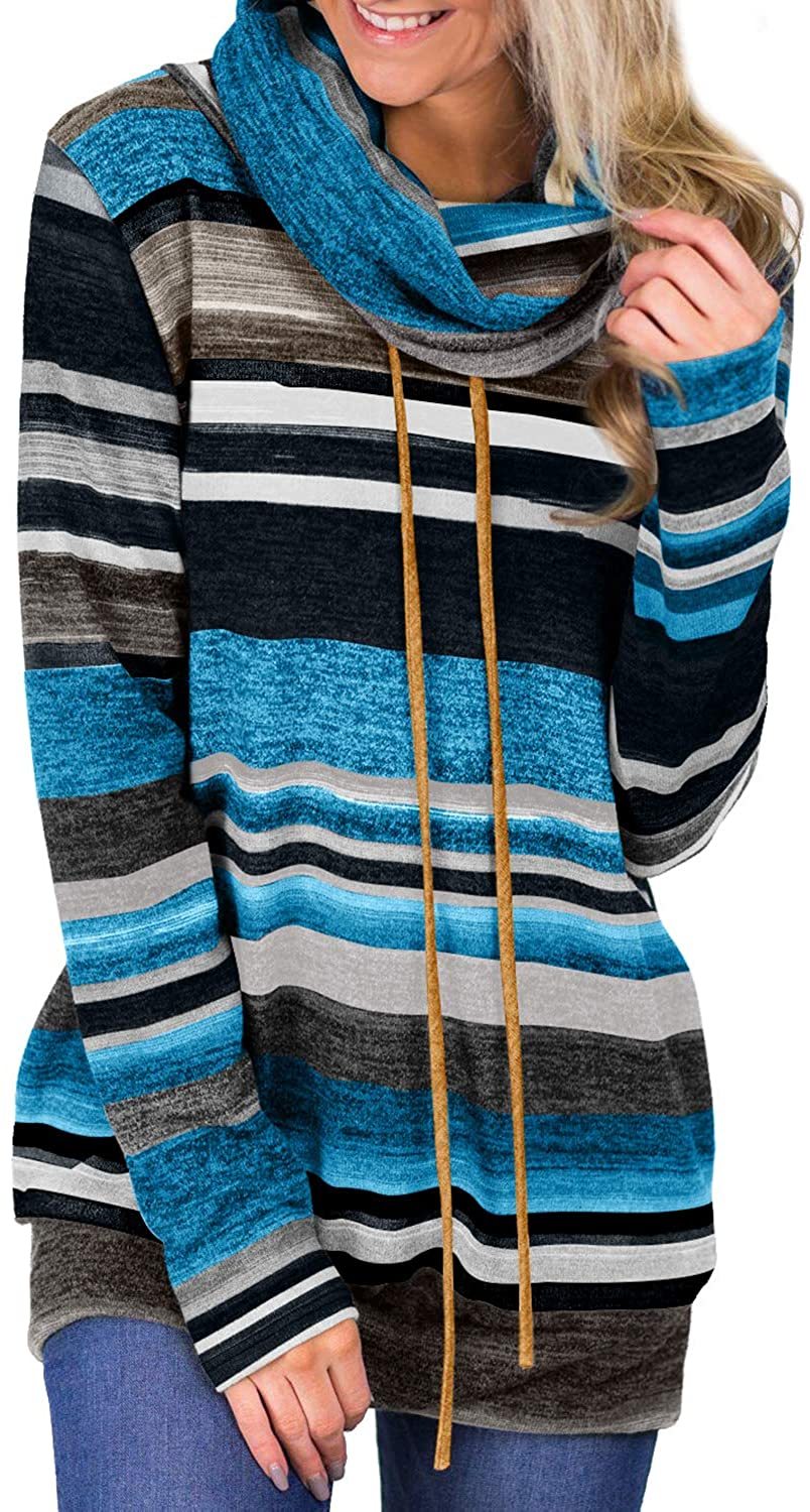 NXY Women's Long Sleeve Blue Multicolor Cowl Neck Striped Sweatshirt Tunics